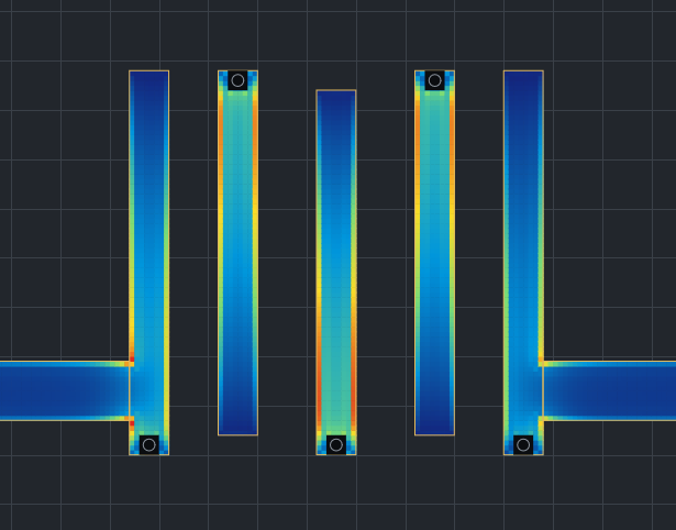 WebRFsim current-density plot of a coupled-line bandpass filter